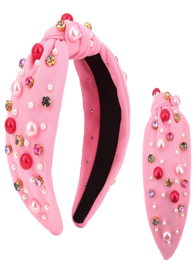 WHAVEL Valentines Day Headband Pearl Rhinestone Knotted Headband Beaded Crystal Jeweled Hairband Wide Top Knot Light Pink Head Band for Women - Image 1